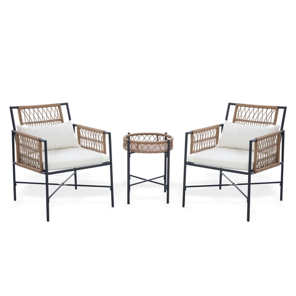 LAUSAINT HOME 3‑Piece Wicker Outdoor Bistro Set, PE Rattan Small Patio Furniture, 2 Cushioned Chairs & Round Side Table for Balcony Porch Apartment Backyard