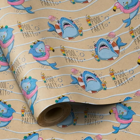 RUSPEPA Shark Kraft PresNok Wrapping Paper Roll, Mini Roll, Shark and Pool Party Design Great for Kids, Boys Birthday Party and More, 17 Inches X 16.5 Feet