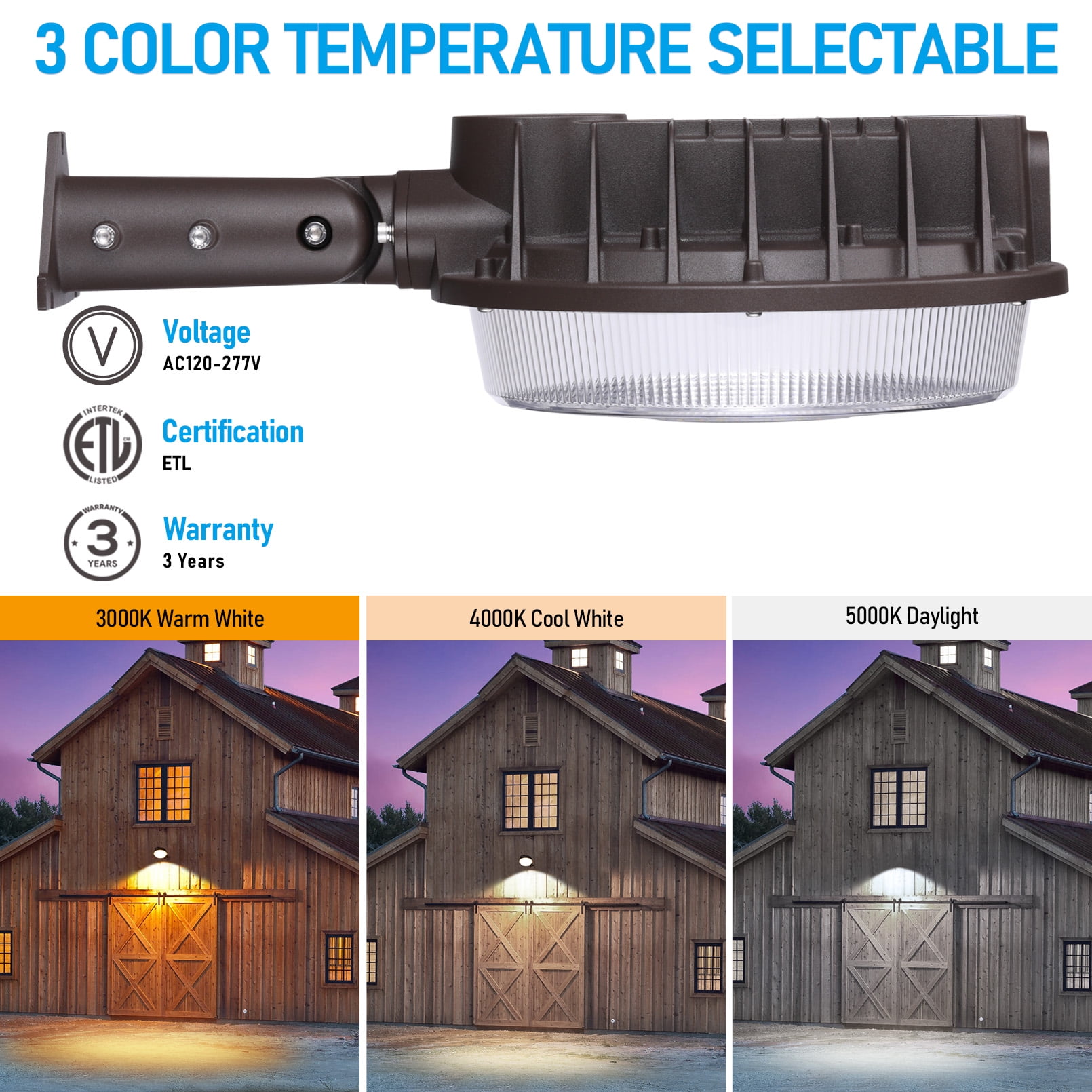 2 Pack 3CCT Adjustable LED Barn Light, 150W/120W/100W Selectable Dusk to Dawn Area Lights, 120-277V Outdoor Security Flood Lighting, IP65 Waterproof, Bronze