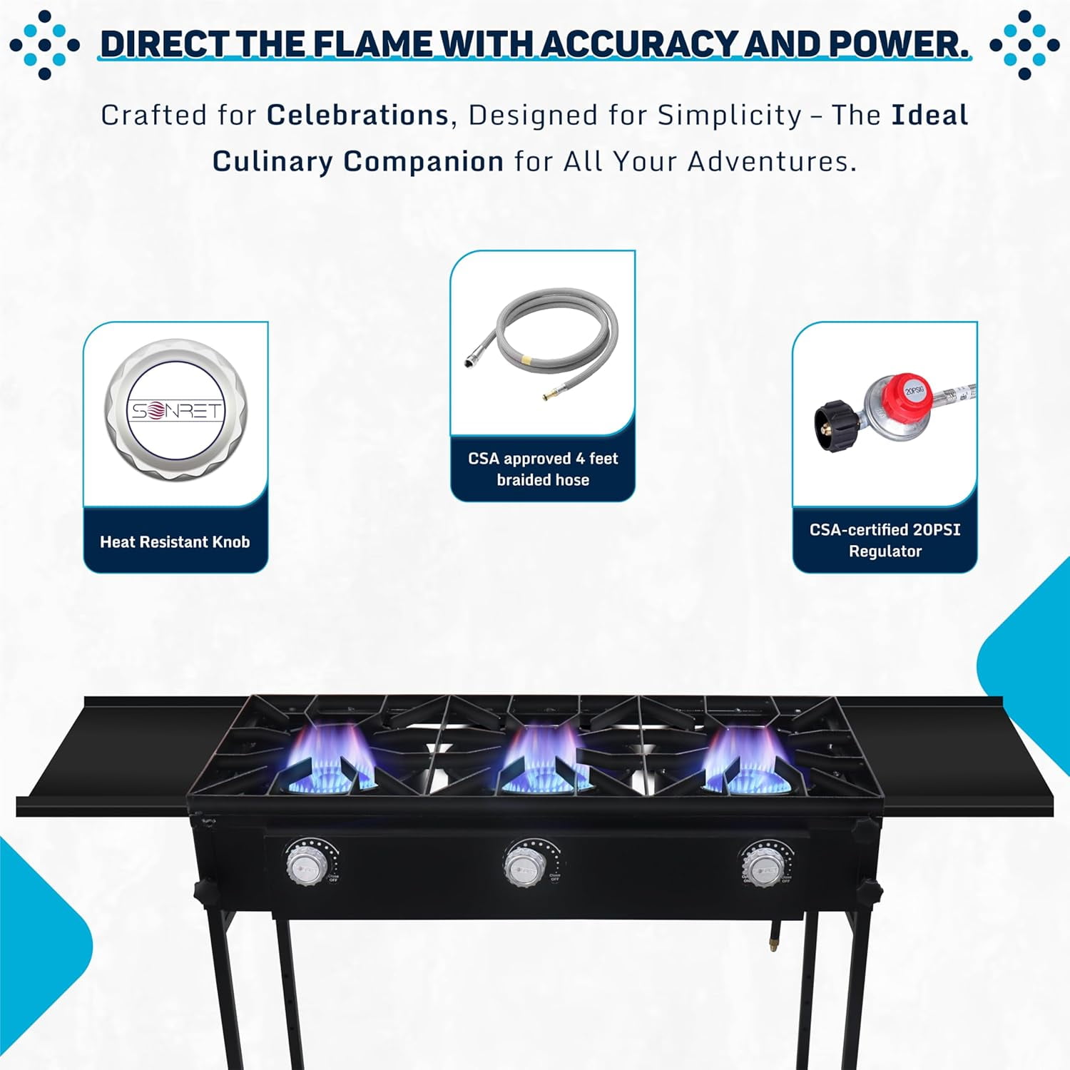 SONRET - Three Burner Propane Camping Stove - with Dual Side & Adjustable Bottom Shelf