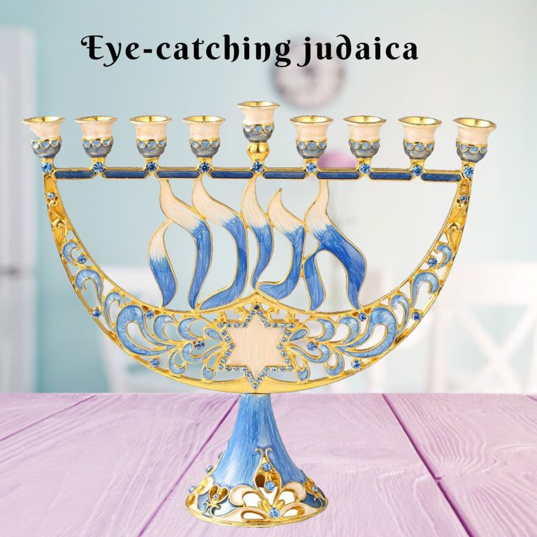 Hand-Painted Enamel Menorah with Gold Accents & Crystals photo 4