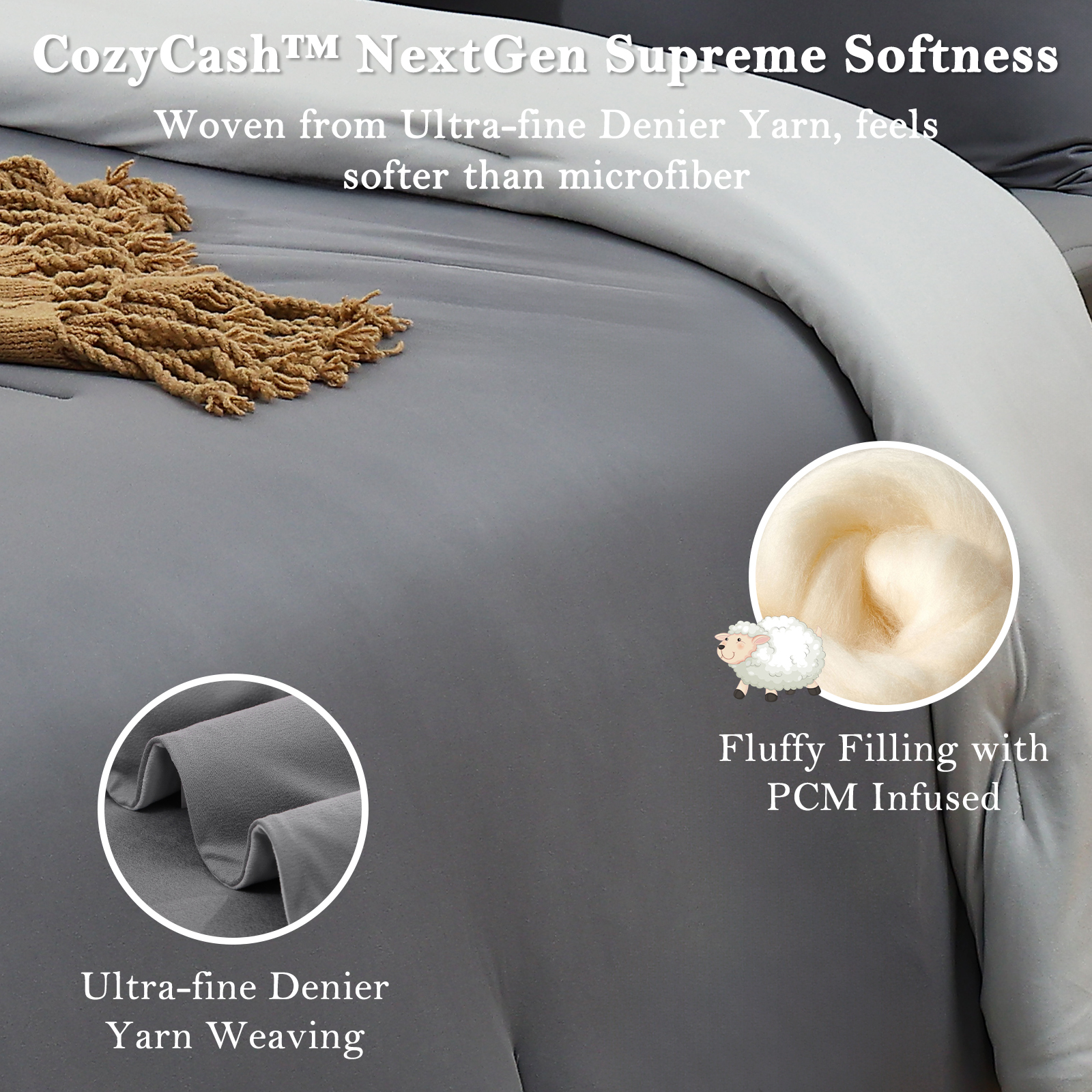 Aship Queen Comforter Set, 3Pcs Cozycash PCM Bedding Set with Temperature Regulating for All Season, Reversible Skin-friendly Bedding, 1Comforter & 2 Pillowcases Gray
