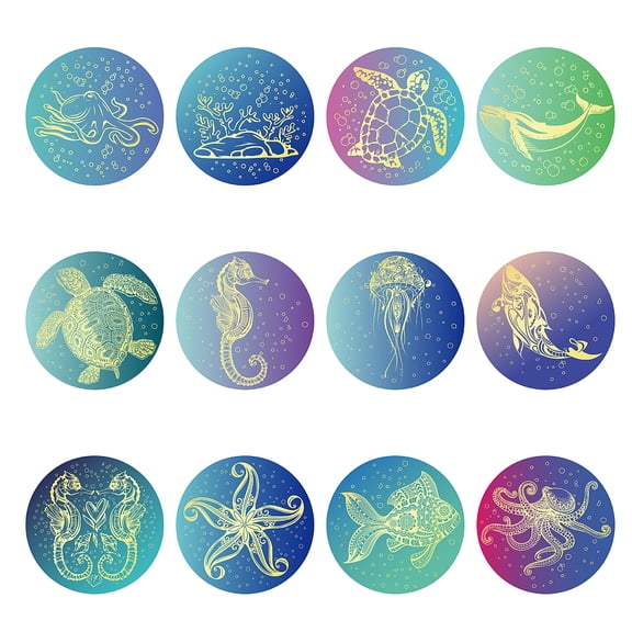 120pcs 12 Style Sea Animals Gold Foil Stickers Embossed Certificate Seals Thank You Round Dot Decals Self Adhesive Stickers Medal