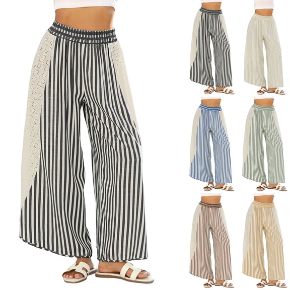 Womens Summer Casual Striped Wide Leg Lounge Pants Elastic Waist Palazzo Trousers Lace Trim Cropped Slacks Brown S