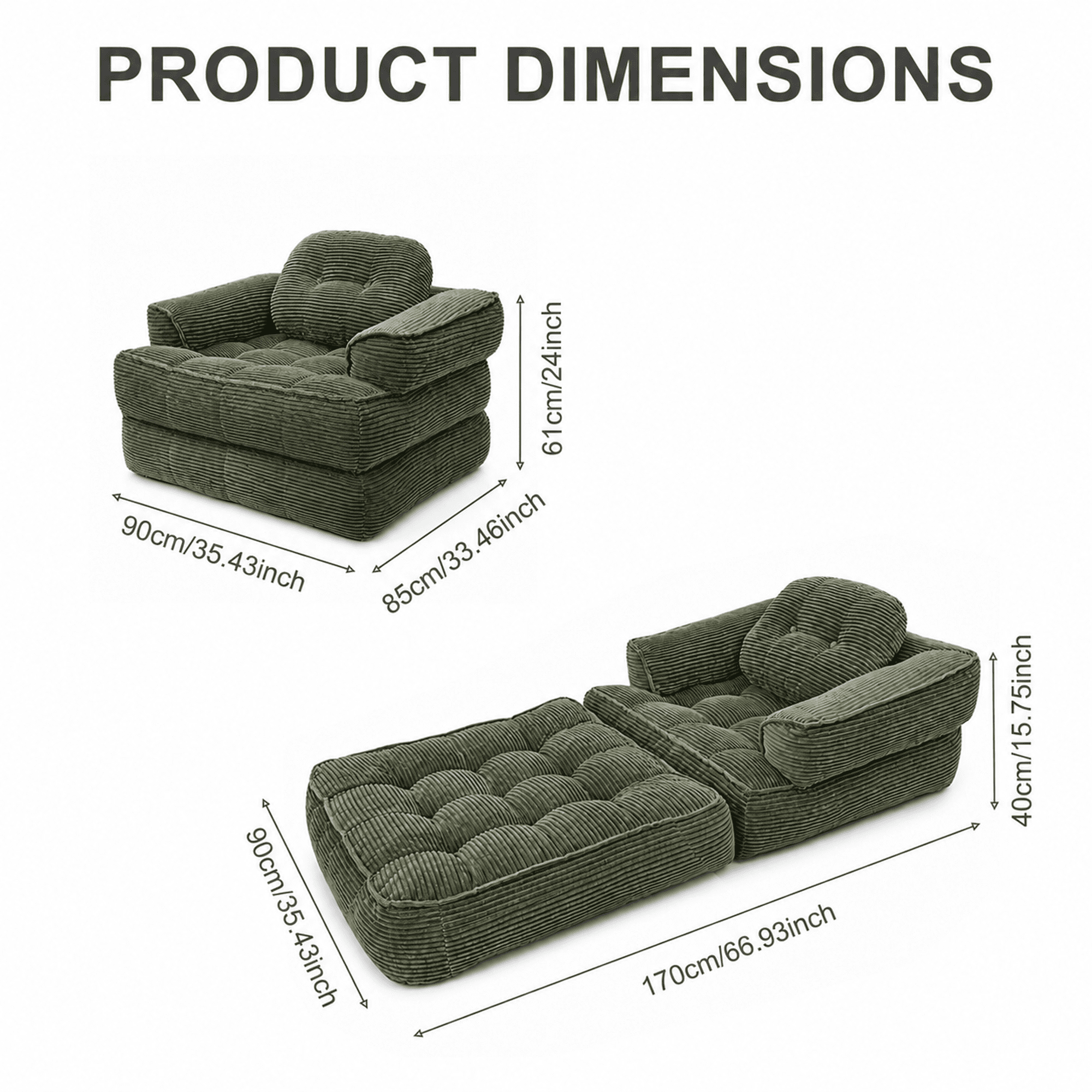 Leumius 70" Folding Sofa Bed,Convertible Single Sofa Bed with Armrest,2-in-1 Corduroy Boneless Foldable Bed with Pillows for Bedroom, Living Room, Homestay, Game Room,Dark Green