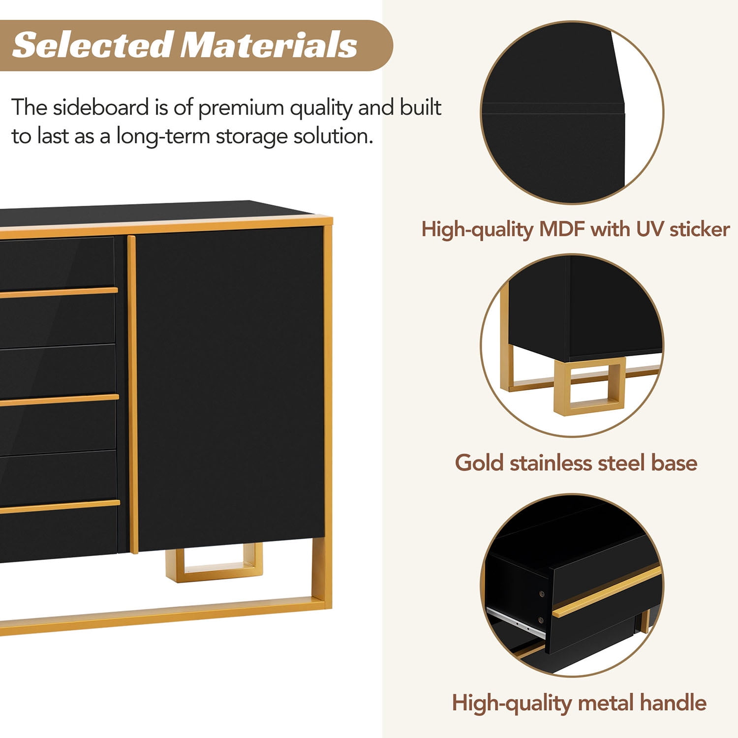 Kadyn 59"L Sideboard, Kitchen Storage Cabinet with Large Storage Space and Gold Metal Legs for Living Room, Black