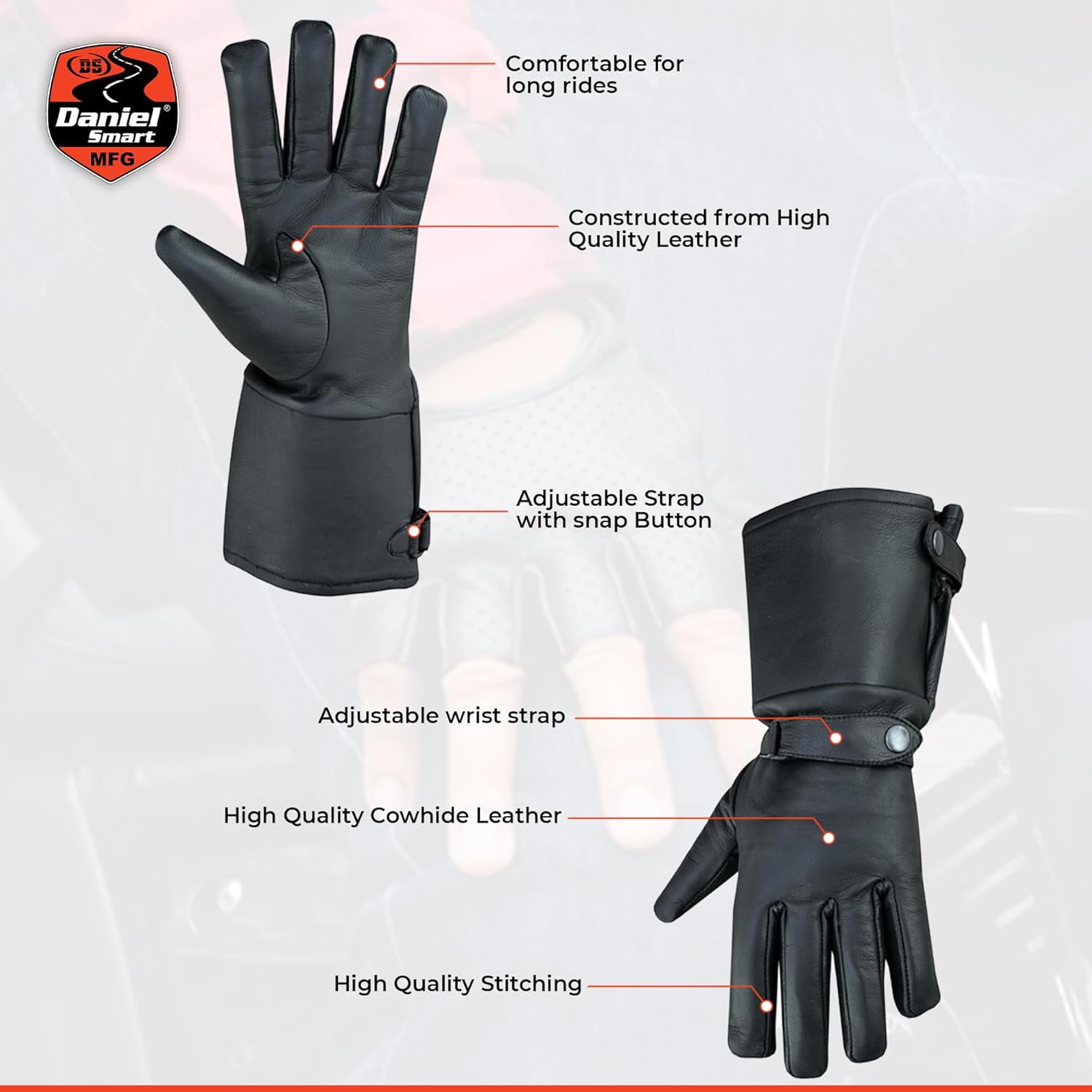Daniel Smart Men Gauntlet Leather Gloves - Protective Motorcycle Gloves with Soft Fleece Lining and Adjustable Wrist Strap.