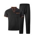 thumbnail image 4 of mihongmao Summer Mens Outfits Gym Sets Vacation Outfits Men's Solid Color Short Sleeve V-neck Pocket T-shirt Straight Pants Set Black S, 4 of 5