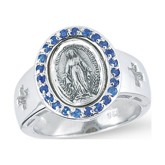 Sterling Silver Miraculous Medal Ring with Sapphire Cubic Zircon, Size 5