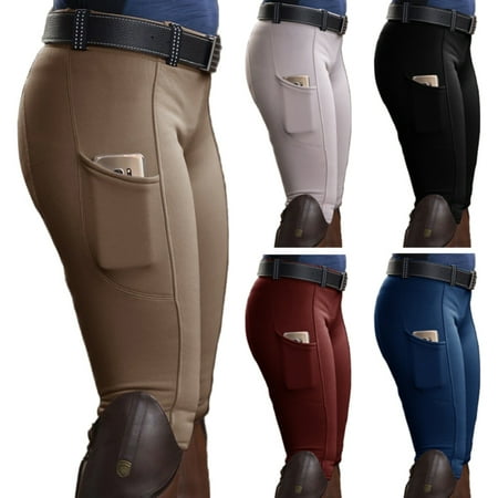 

Taluosi Women Solid Color Pocket Hip Lift Elastic Equestrian Pants Horse Racing Trousers