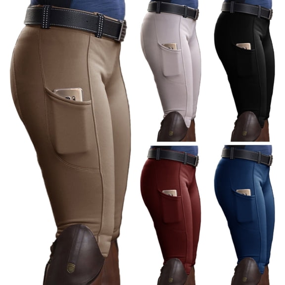 Fusipu Women Solid Color Pocket Hip Lift Elastic Equestrian Pants Horse Racing Trousers