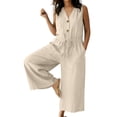 thumbnail image 1 of Women's Summer Cotton Linen Jumpsuits Loose V Neck Button Down Drawstring Wide Leg Pants Rompers Overall with Pockets, 1 of 3