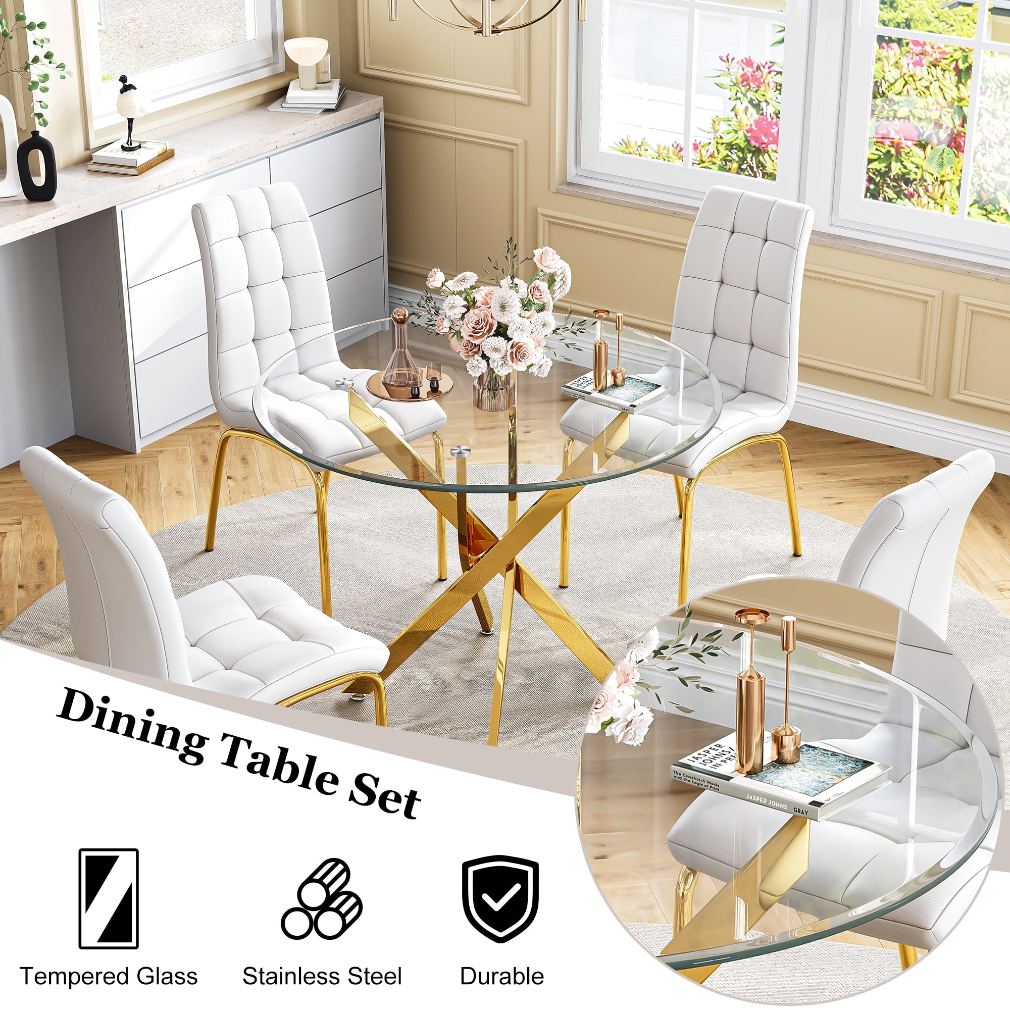 5-Piece 36" Round Glass Dining Set, Clear Tempered Glass Table & 4 PU Leather Chairs with Stainless Steel Legs for Kitchen, Meeting Room