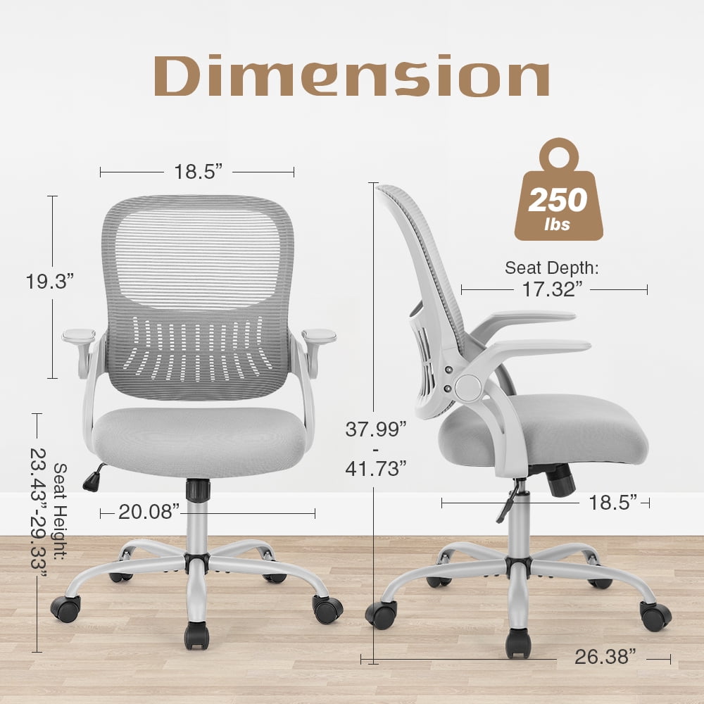 CONCETTA Ergonomic Office Chair with Flip-up Arms & Lumbar Support – Mid-Back Desk Gray