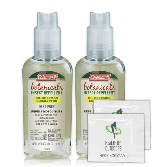 Coleman Botanicals Lemon Eucalyptus Insect Repellent DEET FREE - 4oz. pump - Pack of 2 - w/ (6) Healthandoutdoor Hand Wipes