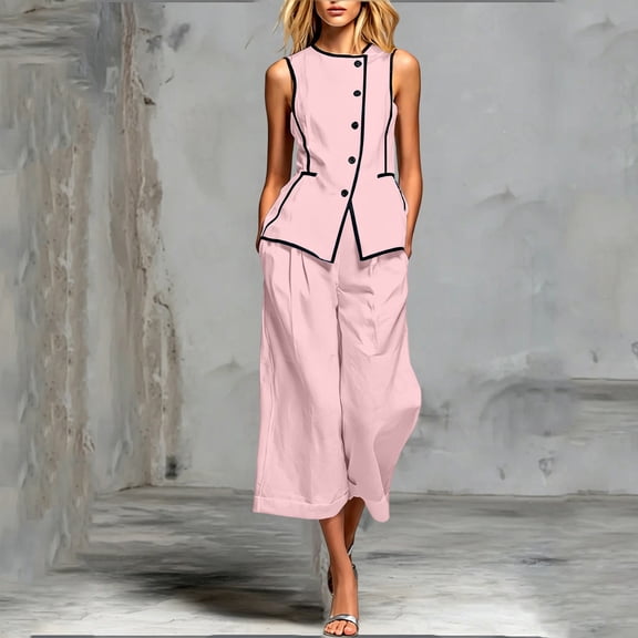 Wovilon Women's Contrast Trim Button Front Vest and Wide Leg Pants Set, Sleeveless Round Neck 2 Piece Outfit with Pockets for Summer Casual Vacation