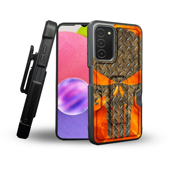 ANJ  Rugged Shockproof Holster Case Card Slot Kickstand   Tempered Glass Cover for Samsung Galaxy A03s - Steel Plate Skull
