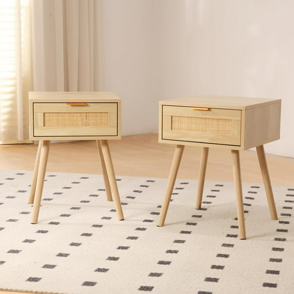 ZALIX Rattan Nightstand Set of 2, Boho Side Table with Drawer, Mid Century Modern, End Table with Wood Legs for Bedroom, Dorm and Small Spaces