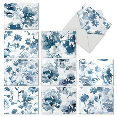 M6597TYG INDIGO BLOOMS' 10 Assorted Thank You Notecards Featuring a Larger Watercolor Painting of Indigo Flowers That is Cropped into Smaller Images, with Envelopes by The Best Card