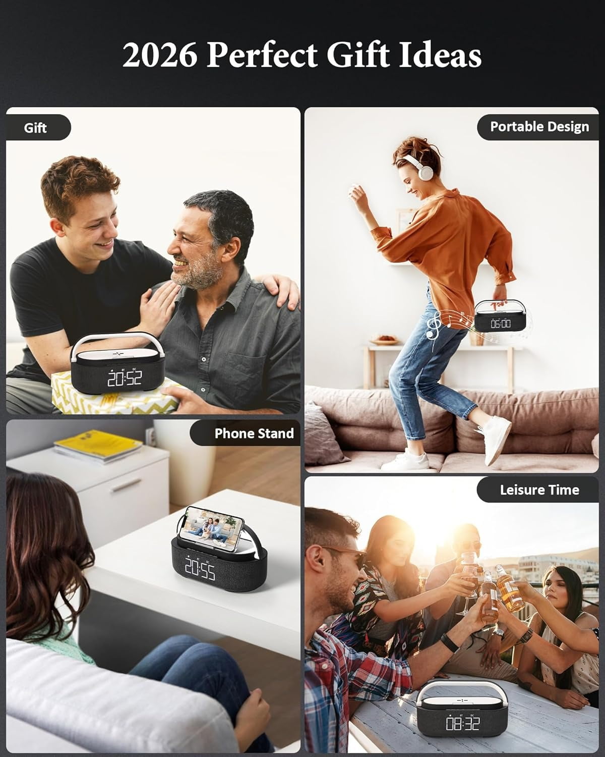 FreeFish Bluetooth Speaker Alarm Clock with Wireless Charger, LED Night Light, 2500mAh Battery - For Bedroom, Home + 18W Adapter Black