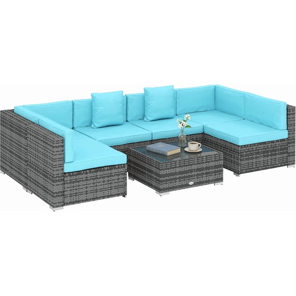 7 Piece Patio Furniture Set, PE Rattan Outdoor Conversation Set with Sectional Sofa, Glass Tabletop, Cushions and Pillows for Garden, Lawn, Deck, Dark Grey and Blue