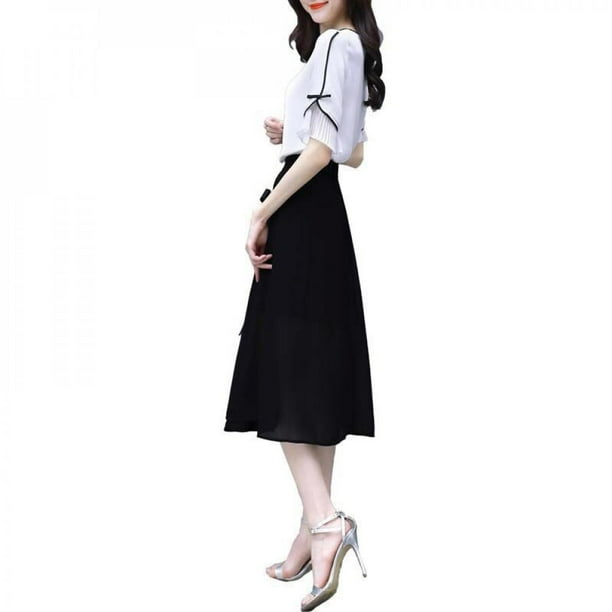 Gychee Half Sleeve Women S Set Sweet Temperament White Shirt Black Skirt O Neck Drawstring Pant Closure Knee Length Solid Two Piece Walmart Com Walmart Com