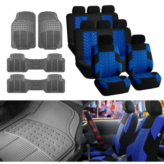 FH Group 3 Row 8 Seater Blue/Black Car Seat Covers w/ Gray Floor Mats