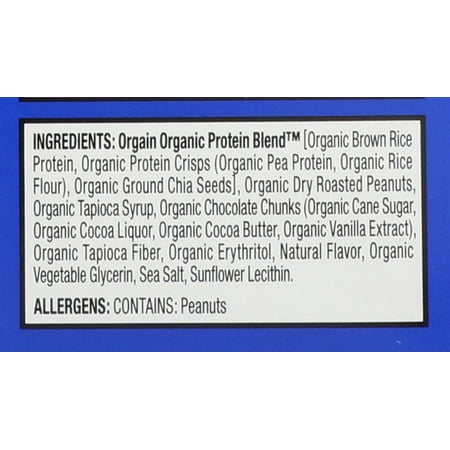 Orgain Organic Plant Based Protein Snack Bars, Peanut Butter Chocolate Chunk, 16.9oz, 12ct