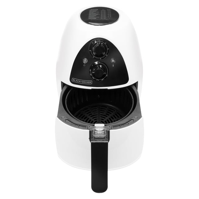 black+decker purify freidora de aire de 2 litros, blanco/negro, hf100wd — vista frontal con cesta extraíble abierta; carcasa blanca y panel negro con dos perillas giratorias (control de temperatura 175–400°F y temporizador de 60 min), luces indicadoras y asa negra; cesta interna de 2 litros (≈8 tazas), adecuada para snacks o porciones familiares.