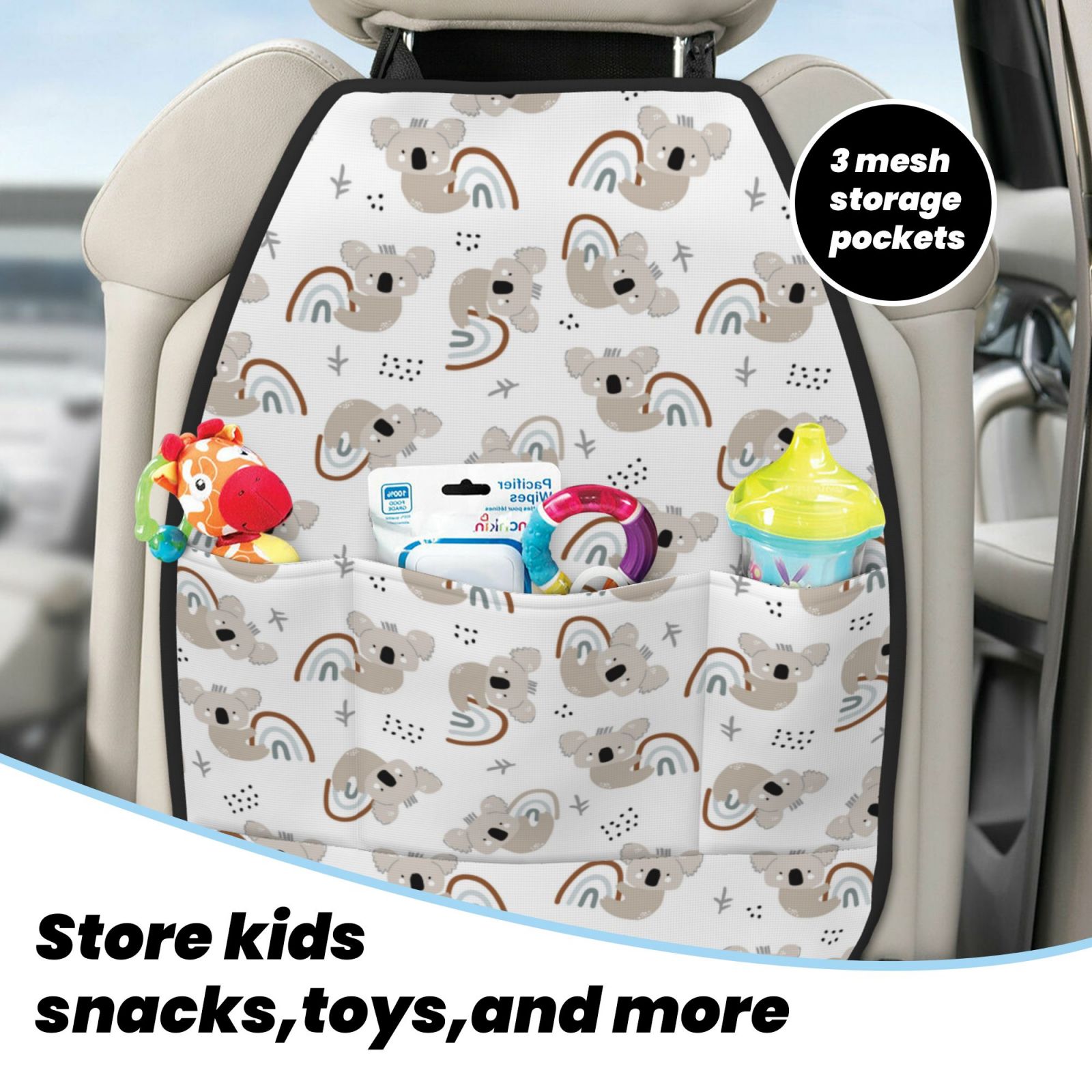 Kdxio Cartoon Koala Print 2 Pack Car Kick Mat Seat Cover Back Protector Mat with Pockets for Organizer Backseat Protector and Storage Anti Kick Pad for Vehicles