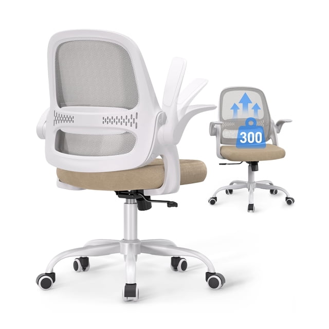 Silla de oficina amseatec con respaldo de malla, apoyabrazos abatibles y asiento beige
