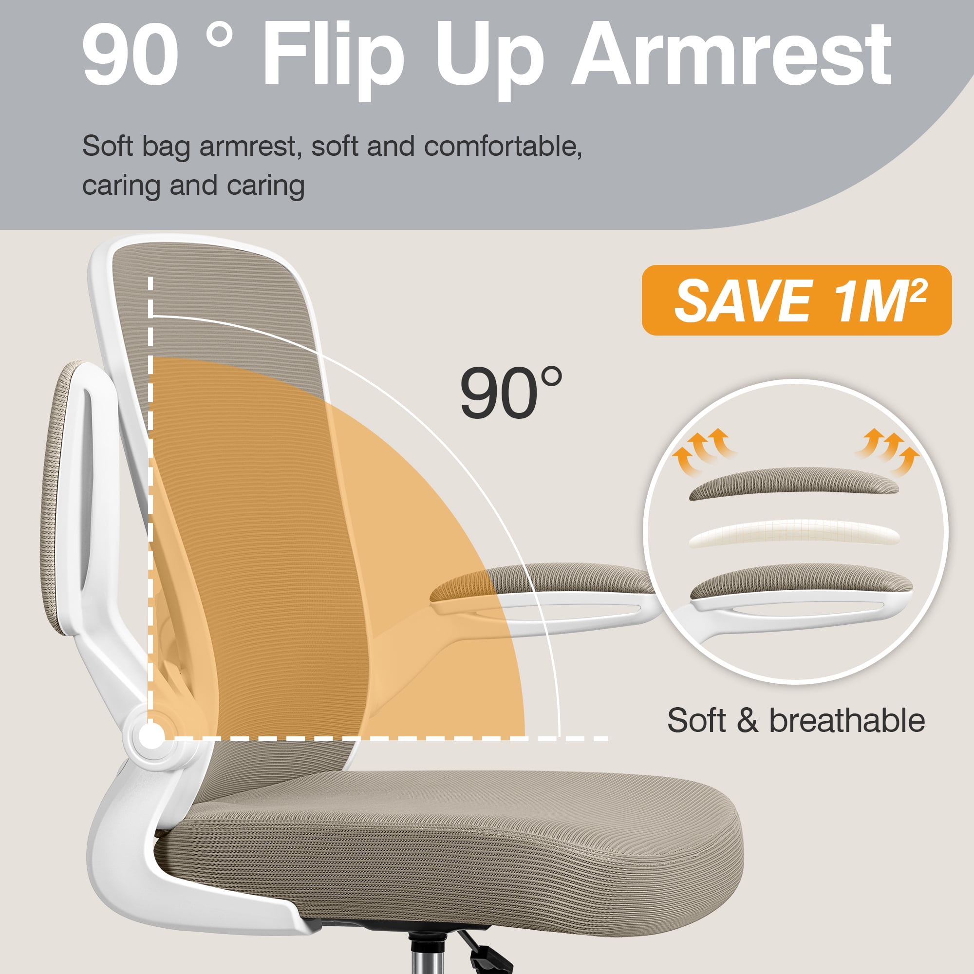 COOLHUT Home Office Chair with Flip-up Armrests for Standing Desk, Ergonomic Computer Office Desk Chair with Adjustable Foot Ring, Office Desk Chairs with Adjustab Lumbar Support, Khaki