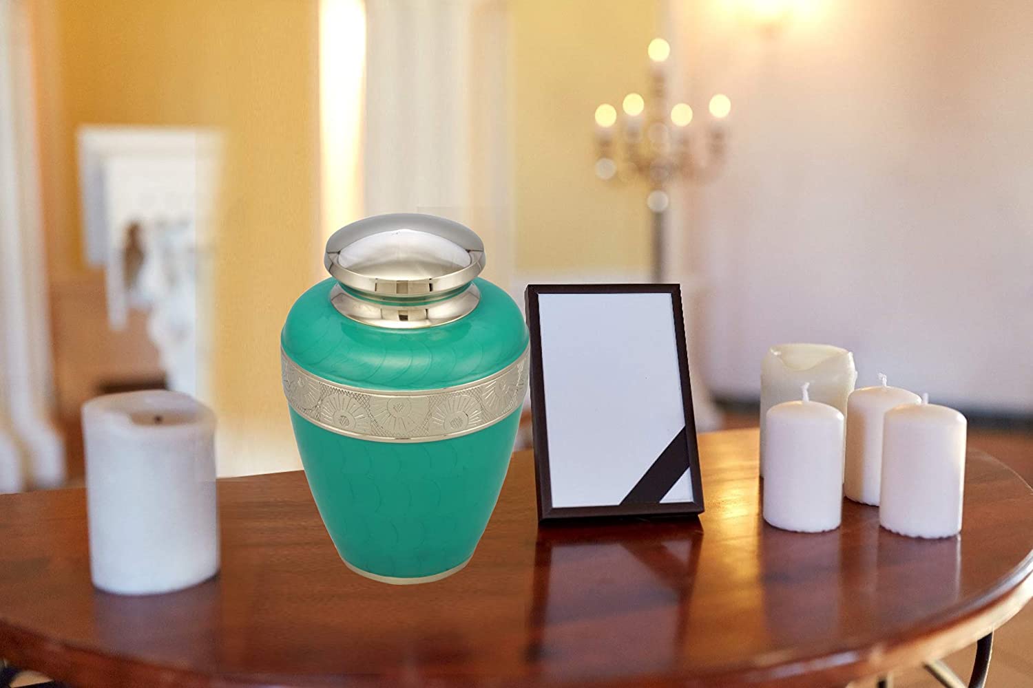 Classic Avalon Cremation Urn with Silver Sunflower Bands - 100% Handcrafted Adult Urn - Solid Metal Large Urn for Human Ashes - Funeral Urn with Free Bag (Teal)