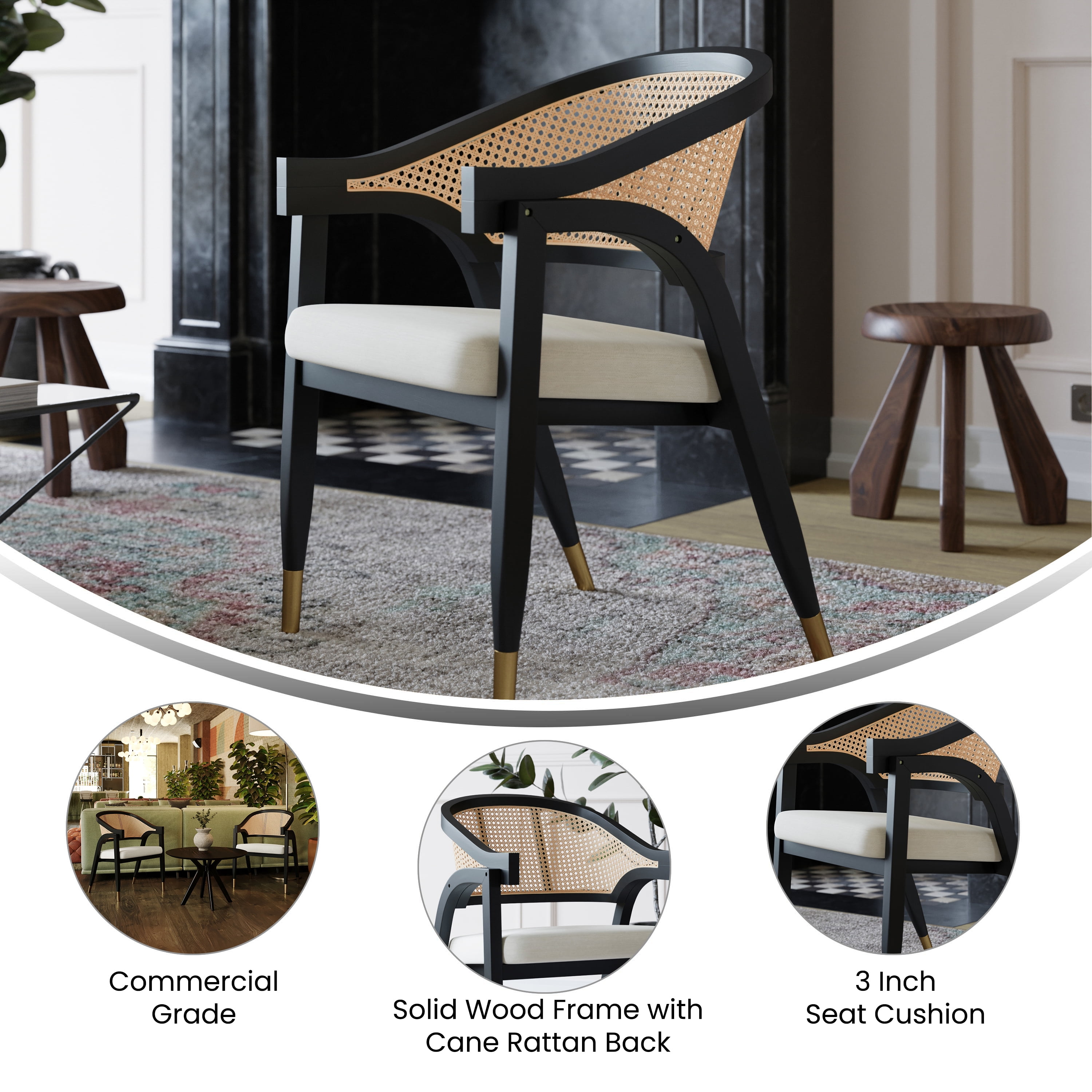 Emma + Oliver Cane Rattan Dining or Accent Chair with Black Solid Wood Frame, Natural Woven Backrest and Beige Cushioned Seat