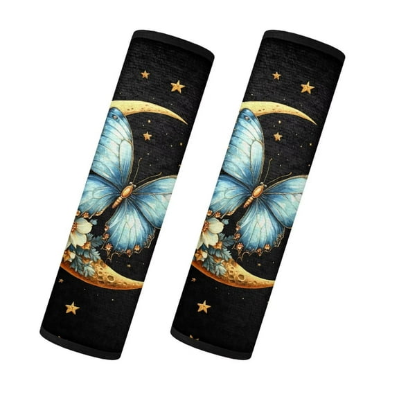 Uorisanigo Blue Butterfly Seatbelt Covers Facecloth 2 PCS Car Seat Belt Pads Cover Soft and Comfortable Moon Star Seat Belt Cover Shoulder Strap Pads for Car Interior Accessorie