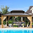 thumbnail image 2 of Erommy Outdoor Galvanized Steel Roof Gazebo Pergola w Wooden Coated Alumninum Frame, Privacy Curtains and Nettings Include Rain Gutter 12' x 16', 2 of 5