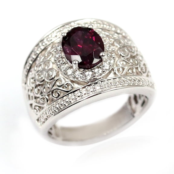 925 Sterling Silver Rhodolite Garnet, White Natural Zircon Ring