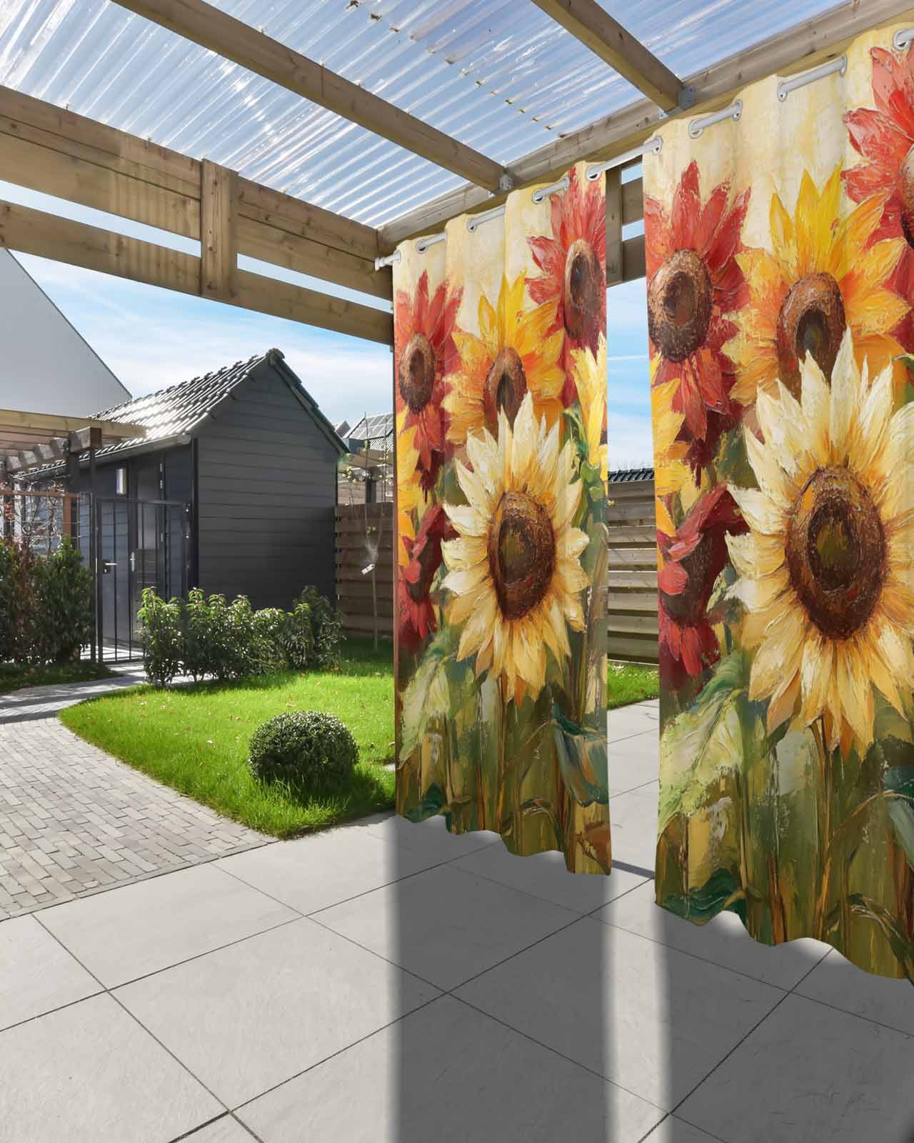 nqOlkjepod Outdoor Curtains for Patio Waterproof, Summer Sunflowers Outdoor Privacy Panels Grommet, Abstract Oil Painting Red Yellow Floral Blackout Outside Curtains for Porch 54"x95", 1 Panel
