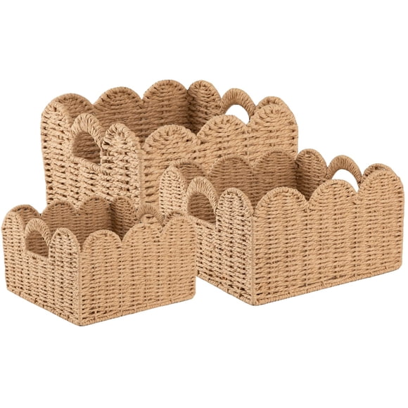 OIAHOMY Scalloped Wicker Baskets, Hand-woven Storage Baskets with Built-in Handles, Paper Rope Shelf Baskets for Organizing and D