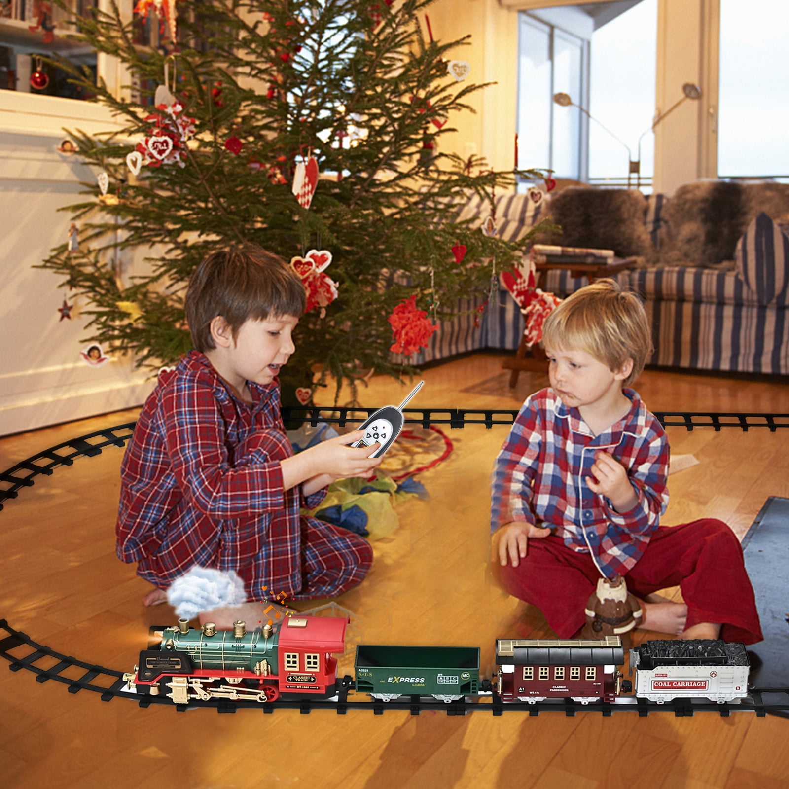 Train Set Toy, RC Train Set w/ Smoke, Lights, Sounds Railway , Birthday Gift Christmas Toy for Kids Boys
