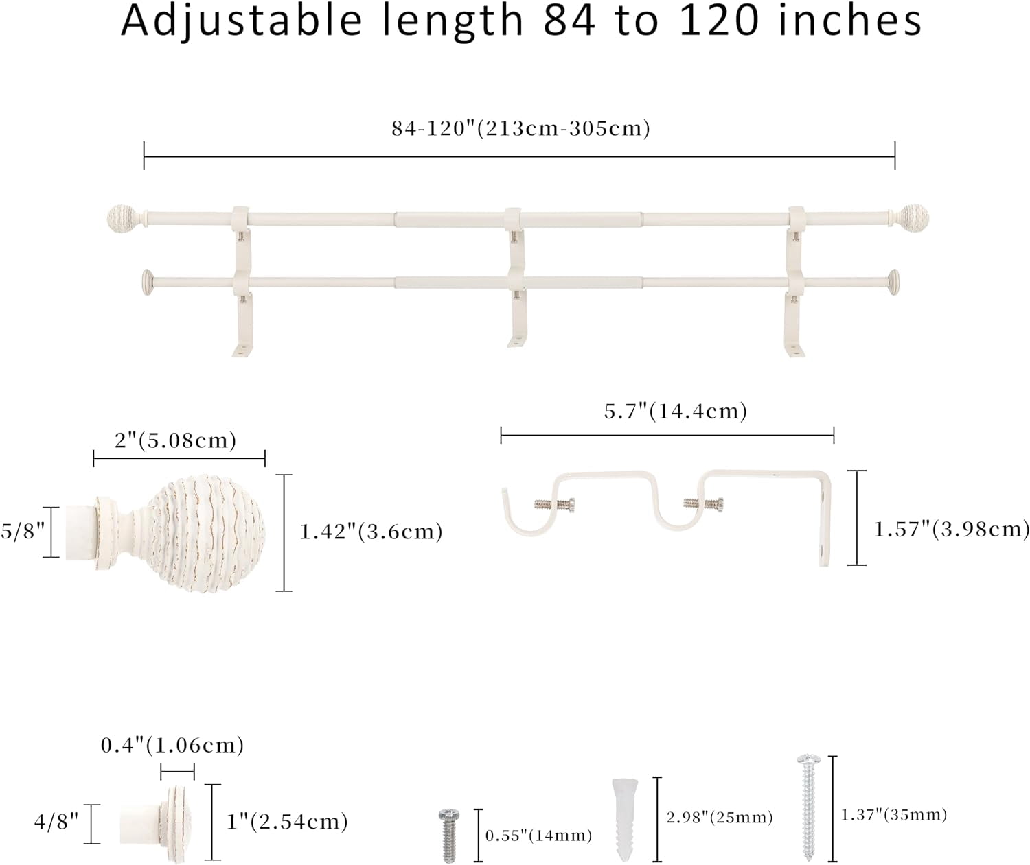 eTeckram 5/8" Double Curtain Rod with Boule Finials,Weathered White,84‘’-120‘’