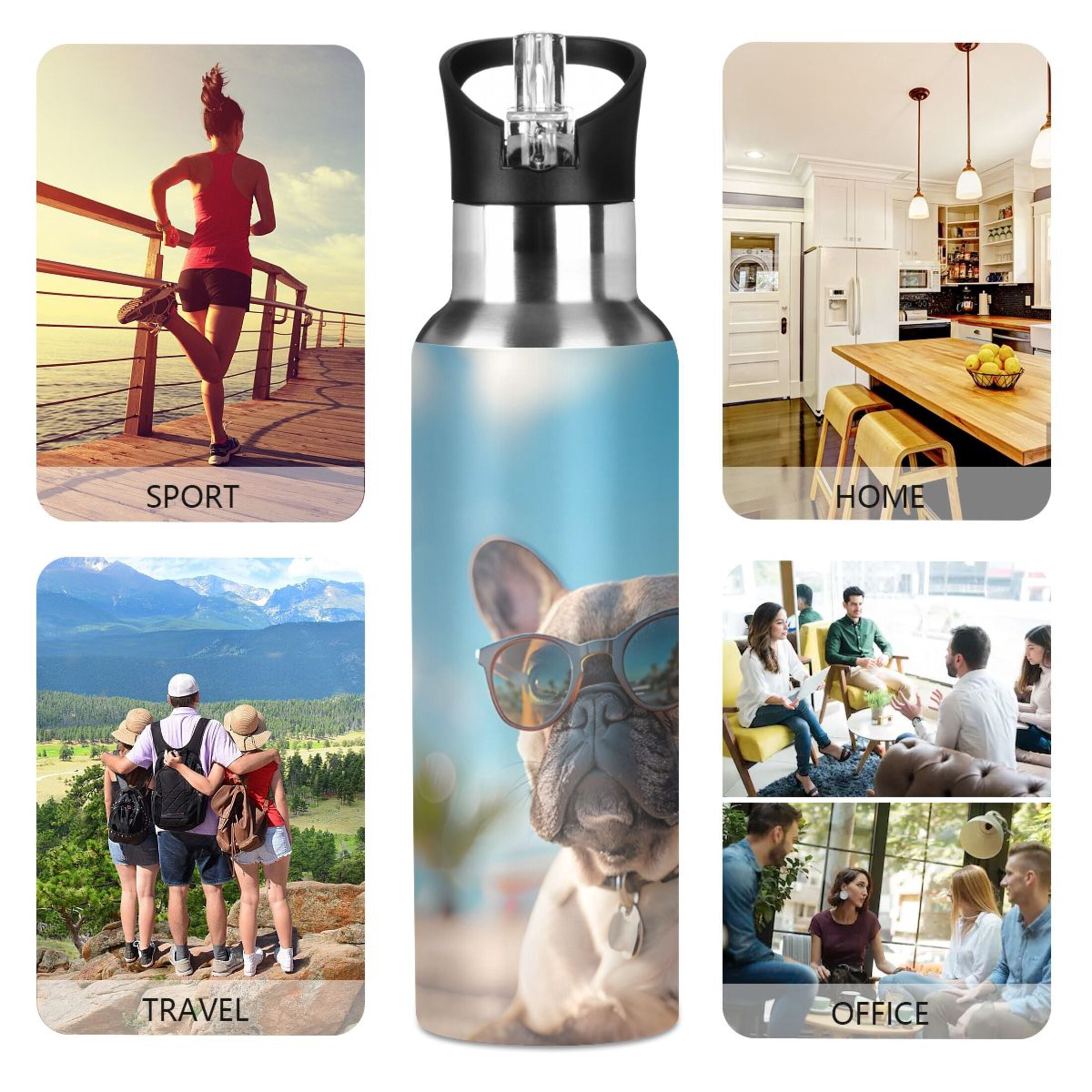French Bulldog with Glasses Beach Sports Bottle with Straw Stainless Steel Water Jug Portable Thermal Cup Leak-proof 600ML