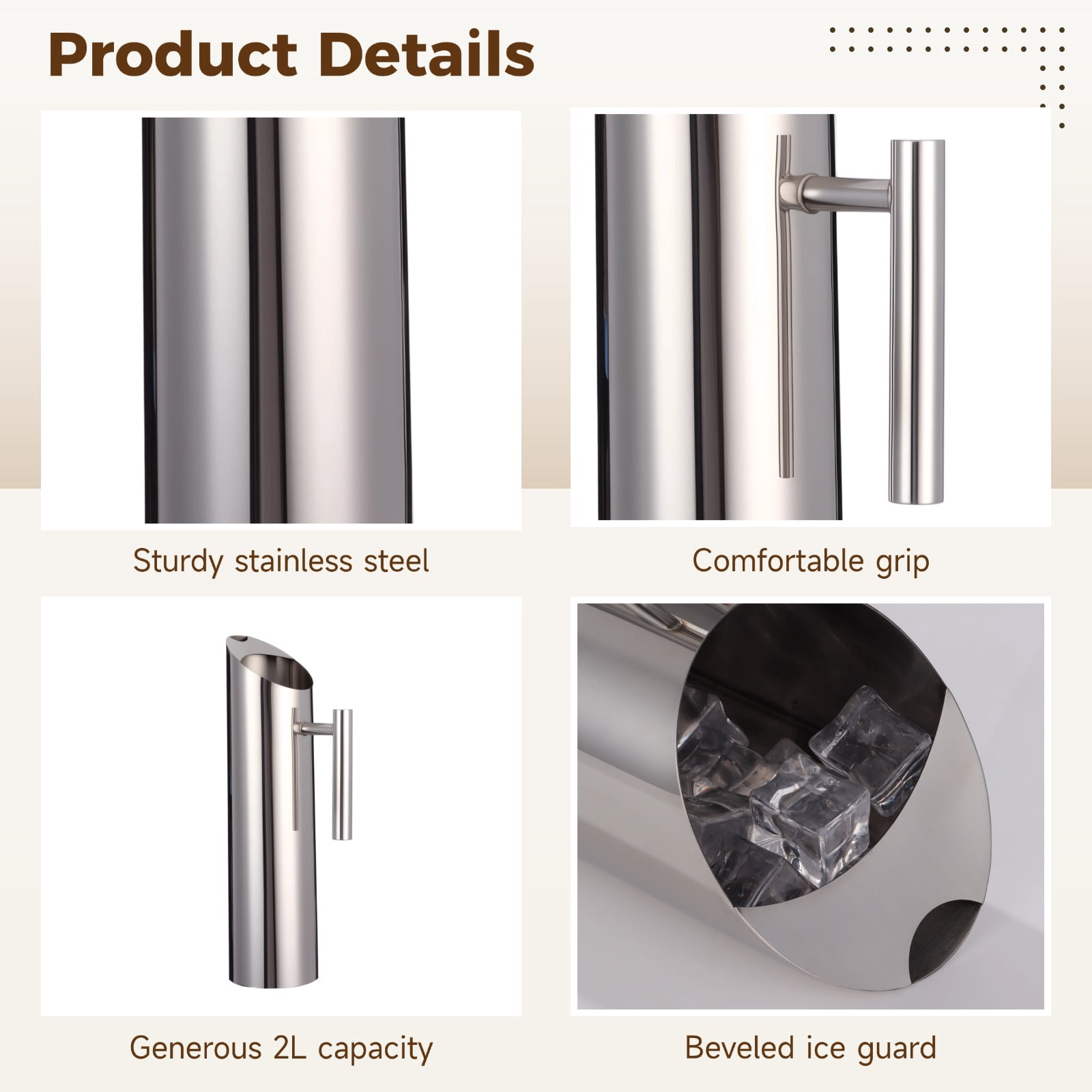 2L Stainless Steel Water Pitcher with Spout Guard and Handle, Large Capacity Modern Metal Jug for Hot/Cold Drinks, Sleek Silver Beverage Container for Parties, Restaurants, Bars
