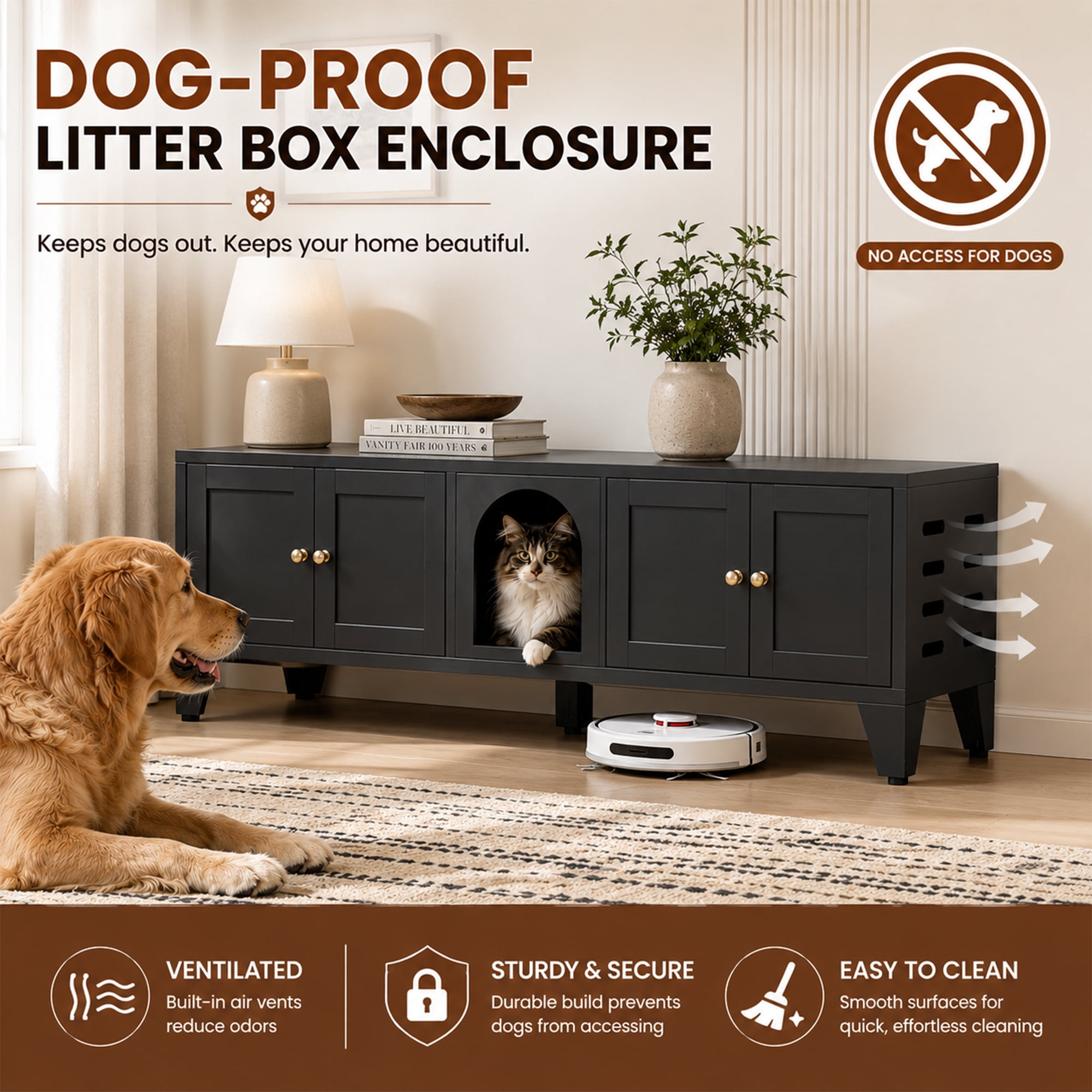 58" Metal Cat Litter Box Enclosure, Hidden Litter Box Furniture for 2 Cats, Large Indoor Cat House TV Stand Cabinet with Ventilation & 2 Compartments, Black Modern Pet Washroom with Adjustable Legs
