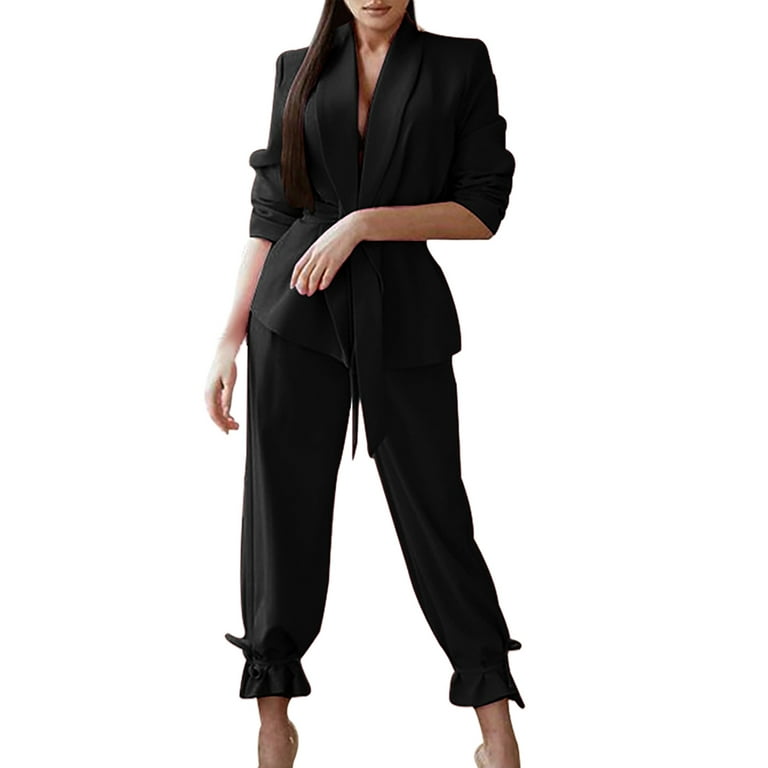 LBECLEY Women's Dressy Pant Suits Womens Casual Light Weight Thin Jacket  Slim Coat and Trousers Long Sleeve Office Business Coats Jacket Suit  Chiffon Pants Suits for Women Black L 
