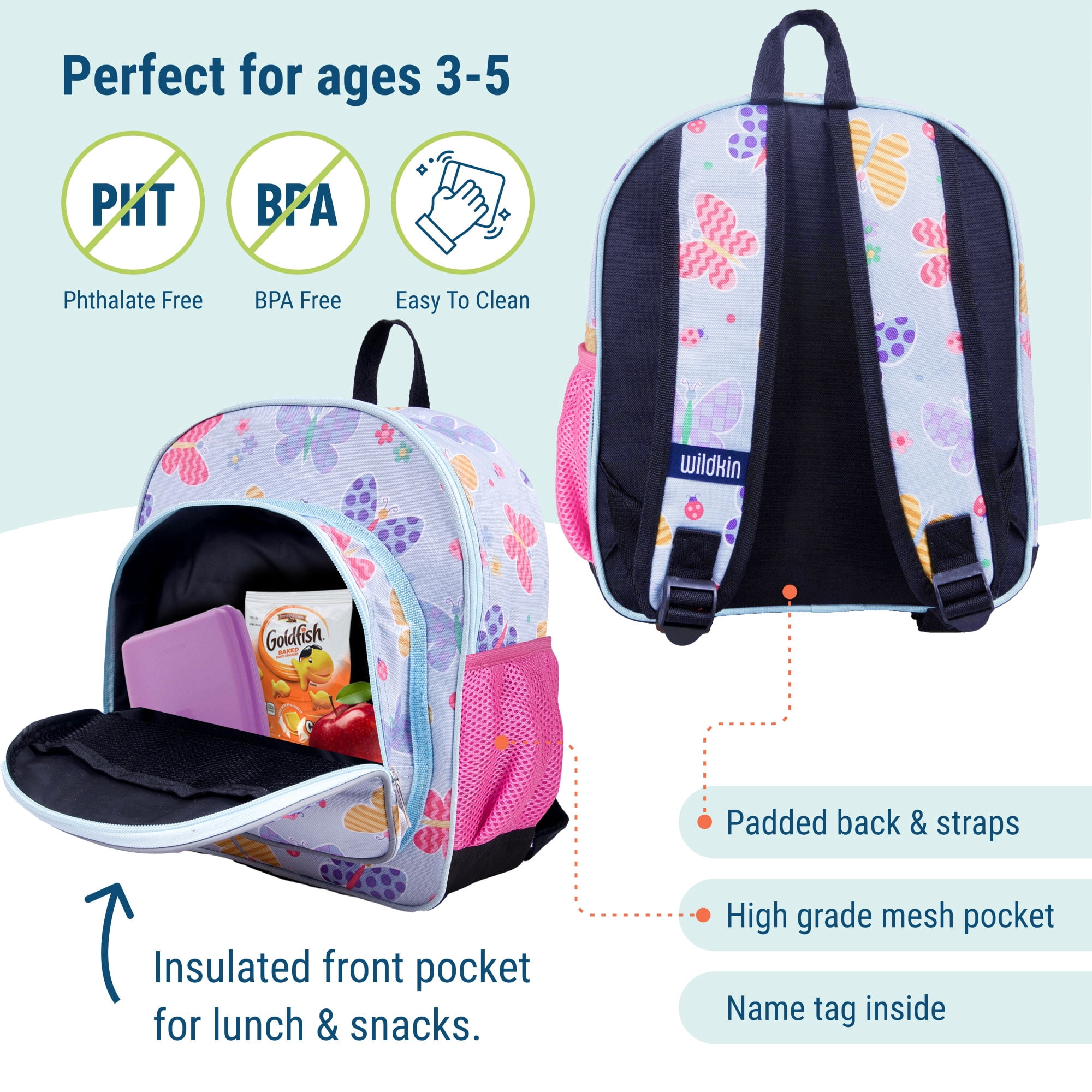 Wildkin Kids 12 Inch Backpack for Toddler Boys and Girls, Insulated Front Pocket (Butterfly Garden Blue)