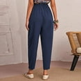 thumbnail image 6 of QUYUON Boho Pants Women Fashion Elastic Waist Casual Solid Color Straight Leg Cotton Linen Cropped Pocket Trousers Women Linen Pants Long Pant Leg Length Cargo Pant Style N-264 Blue L, 6 of 9