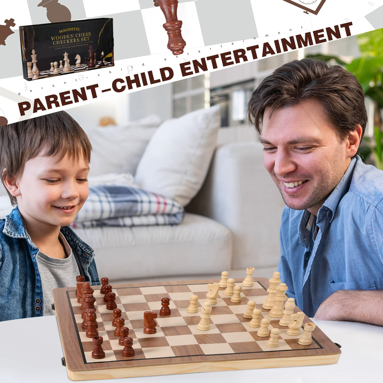 KiddiTouch Magnetic Wooden Chess Set, 15 Inch Folding Board photo 3