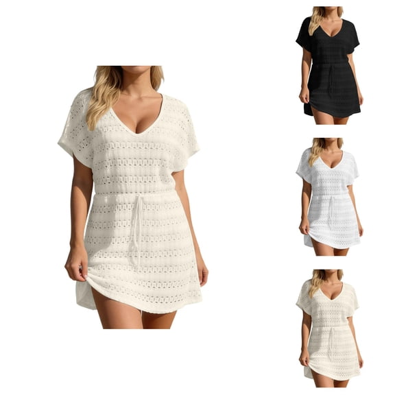 Swimsuit Coverup for Women Short Sleeve V Neck Lace Eyelet A Line Mini Dress Beach Cover Up Bathing Suit Dress
