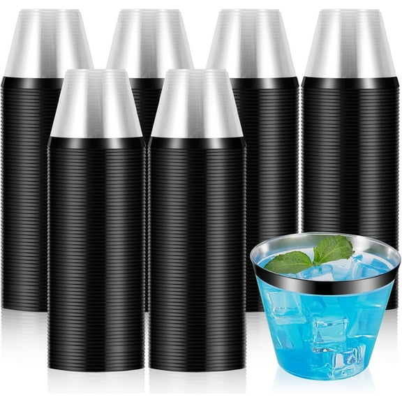 100 Pcs Black Rimmed Plastic Cups, 9 oz Disposable Wine Glasses, Elegant Cocktail Cup, Hard Plastic Drinking Cup, Clear Party Cups for Wedding, Birthday, Family Gatherings, Holiday (Black)